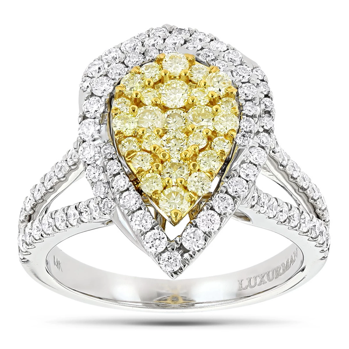 Unique 14K White Gold White Yellow Diamond Pear Shape Cluster Ring For Women 1.5c