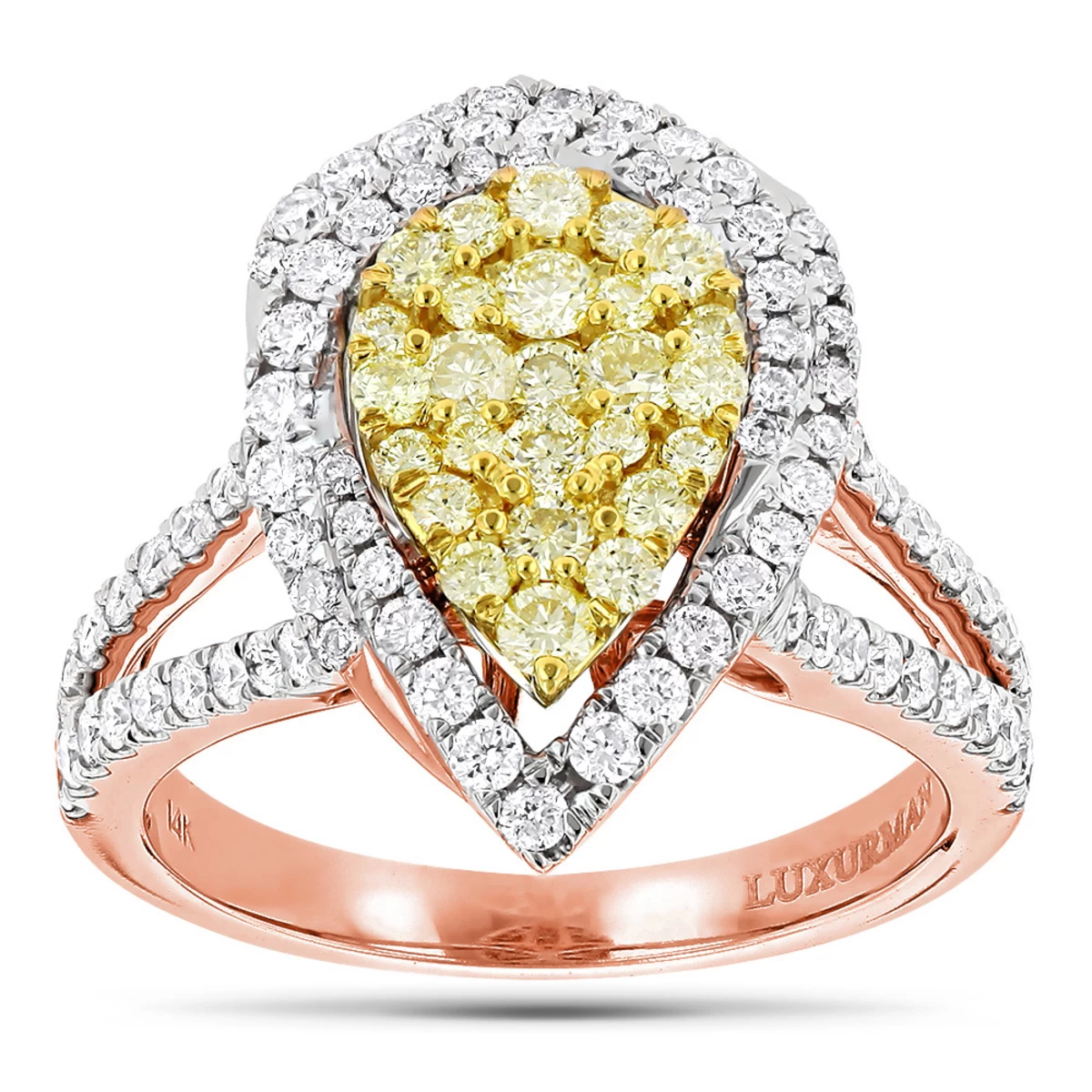Unique 14K White Gold White Yellow Diamond Pear Shape Cluster Ring For Women 1.5c - Image 3