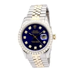 36mm Rolex Diamond Watch For Men Datejust 1603 Blue Dial 3.7ct Yellow Gold