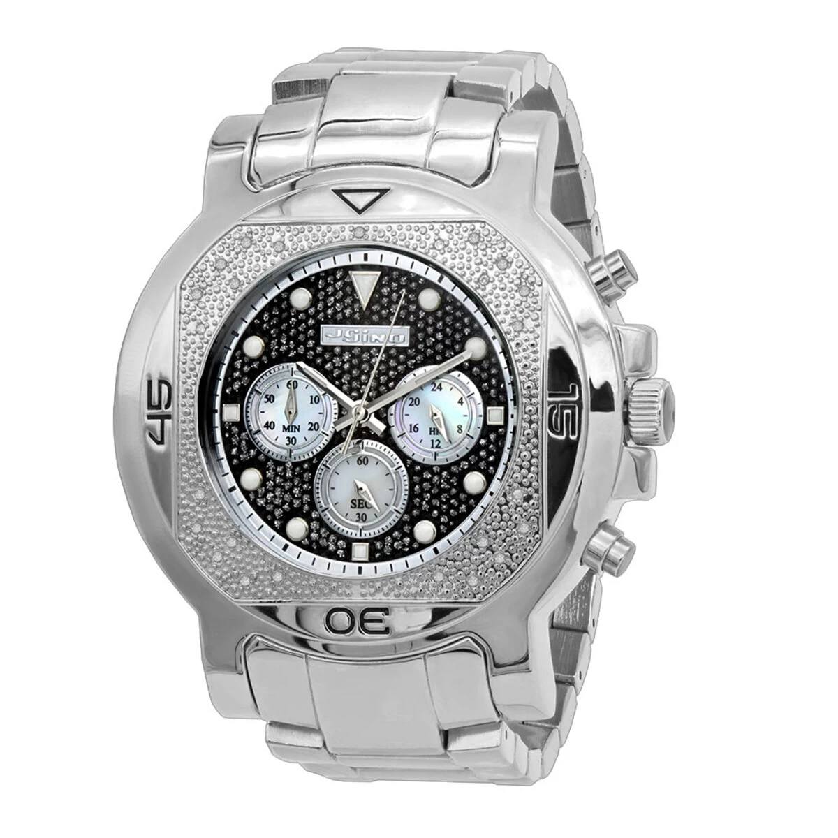 JoJino Chronograph Large Men's Diamond Watch 0.25ct Iced Out Black Dial