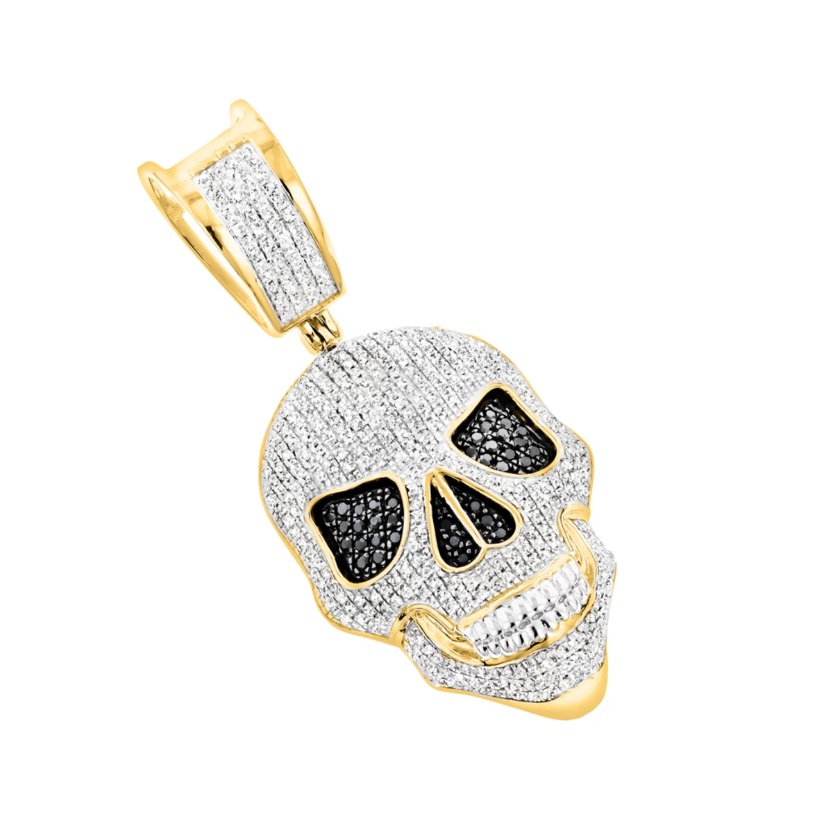White And Black Diamond Iced Out Skull Pendant 10K Yellow Gold 0.83ct