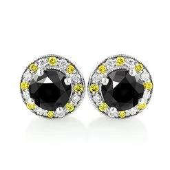 White Yellow And Black Diamond Stud Earrings 2.20ct 14K White Gold